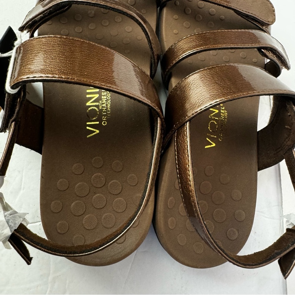 Vionic NEW Teagan 3 Strap Patent Bronze Faux Leather Adjustable Sandals Slides 8 - Picture 6 of 16